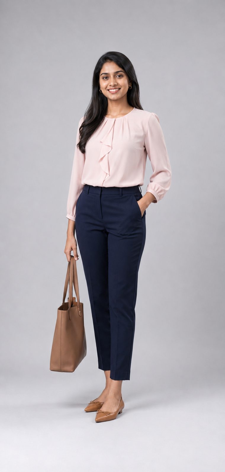 Woman in a blush pink blouse, navy ankle-length trousers, tan flats and a tan leather tote: Business level attire