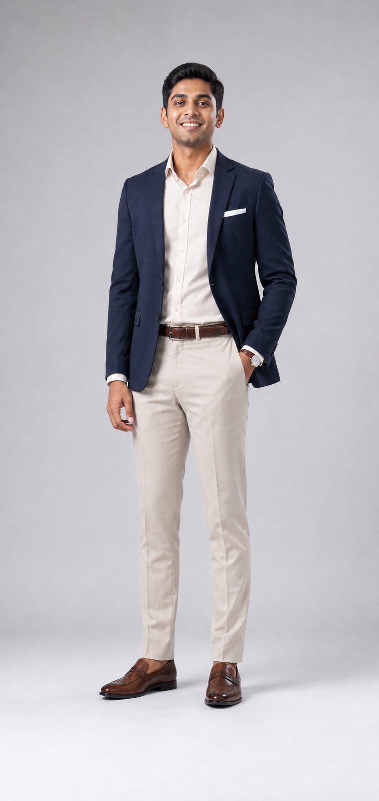 Man in a navy blazer, cream shirt, beige chinos and brown penny loafers: Business Casual attire