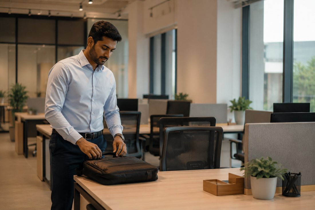 A man setting his briefcase down at an empty desk in a quiet office before colleagues arrive