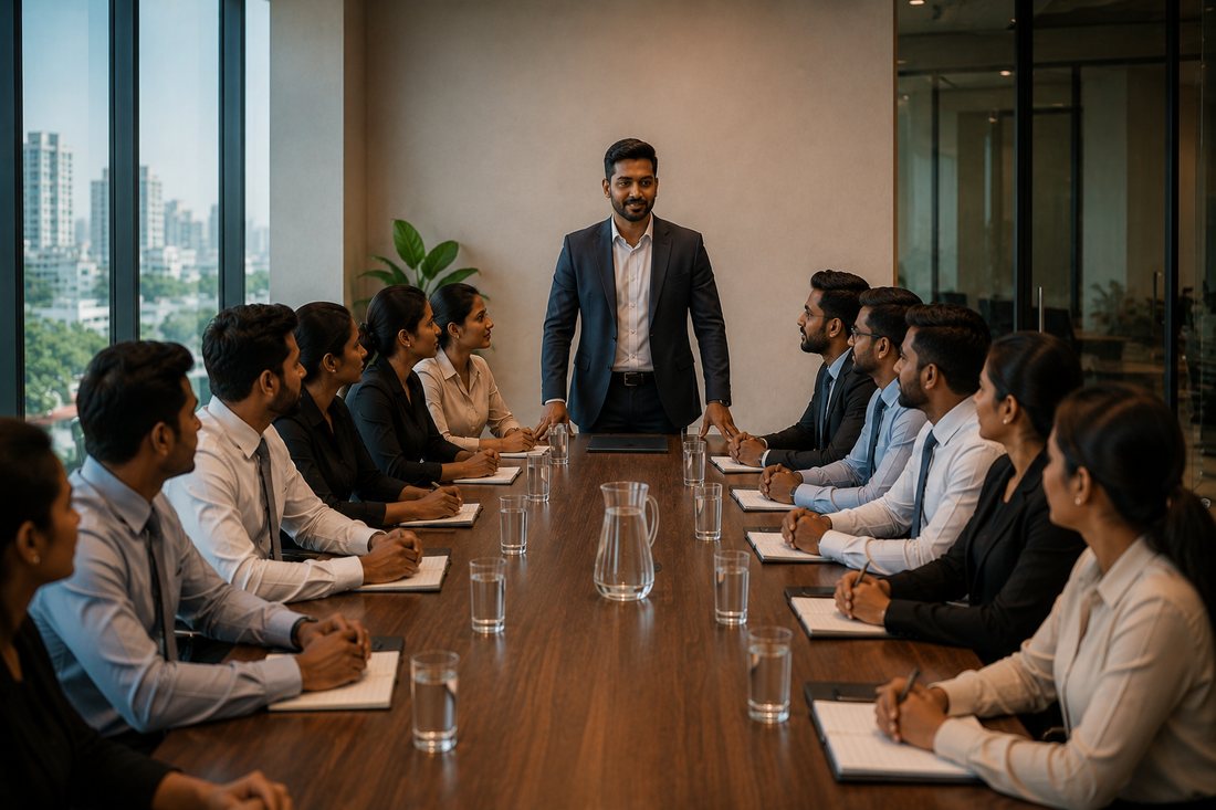 A leader standing at the head of a full boardroom table addressing his team
