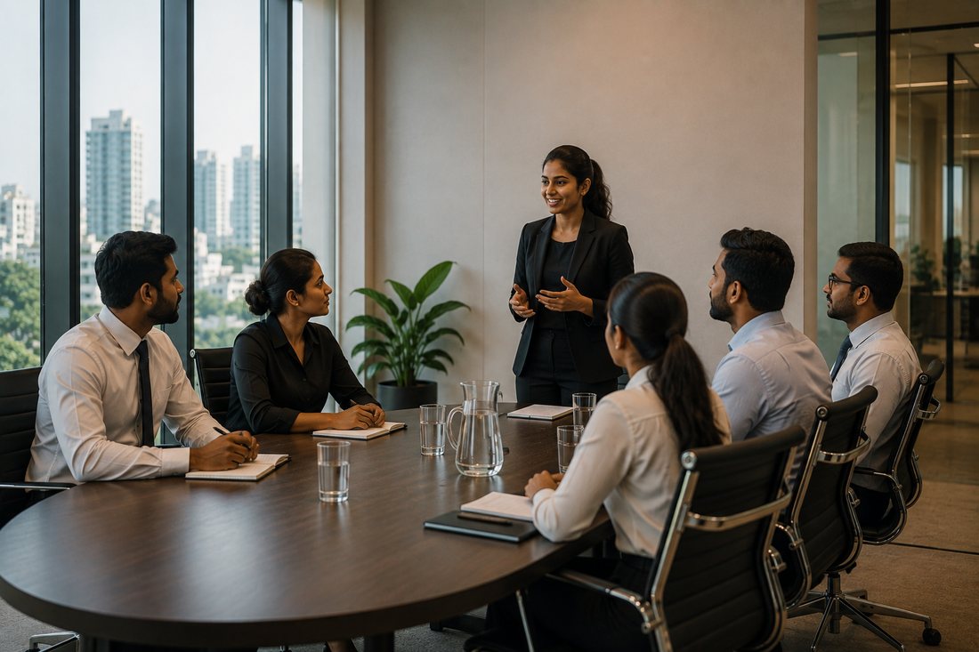 A woman standing to lead a boardroom meeting while colleagues listen and take notes