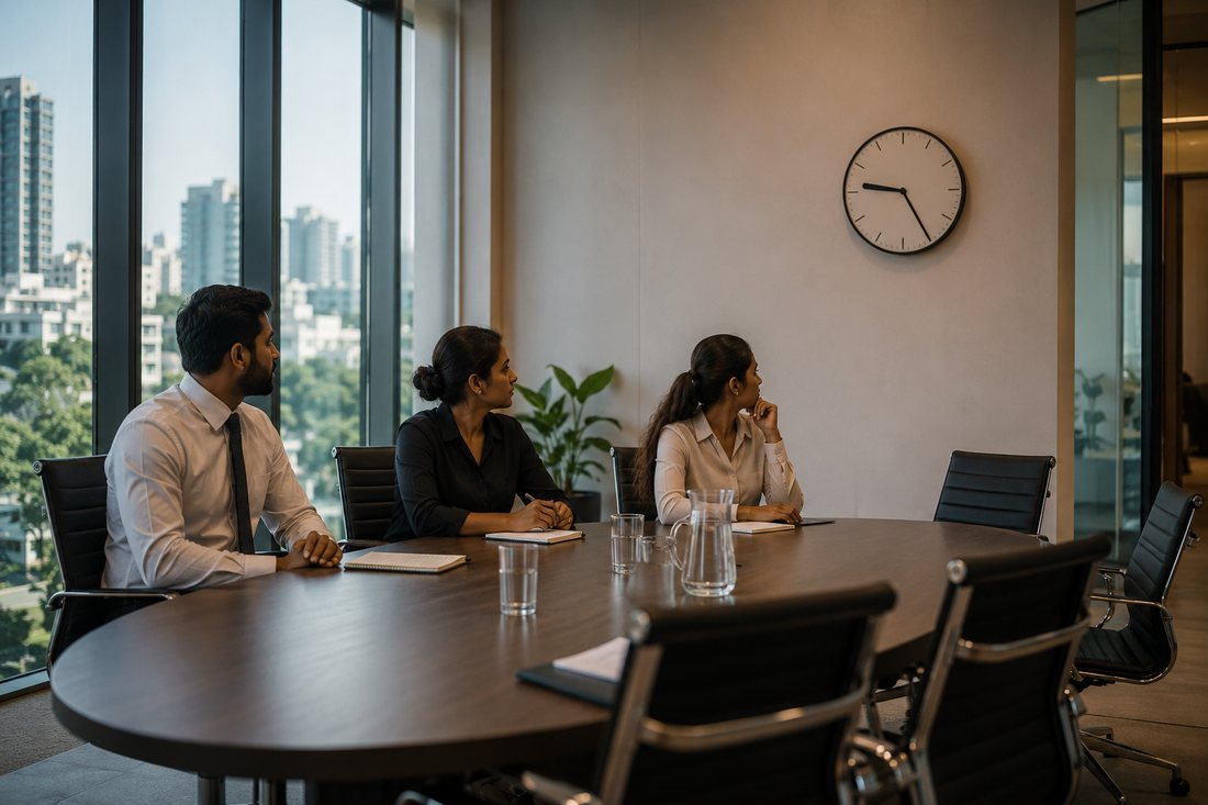 Three colleagues waiting in a Colombo boardroom with empty chairs beside them and a wall clock showing the meeting has already started