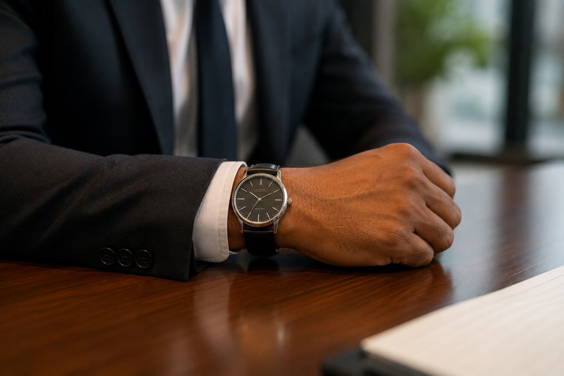 Close-up of a wristwatch on a suited arm resting on a boardroom table