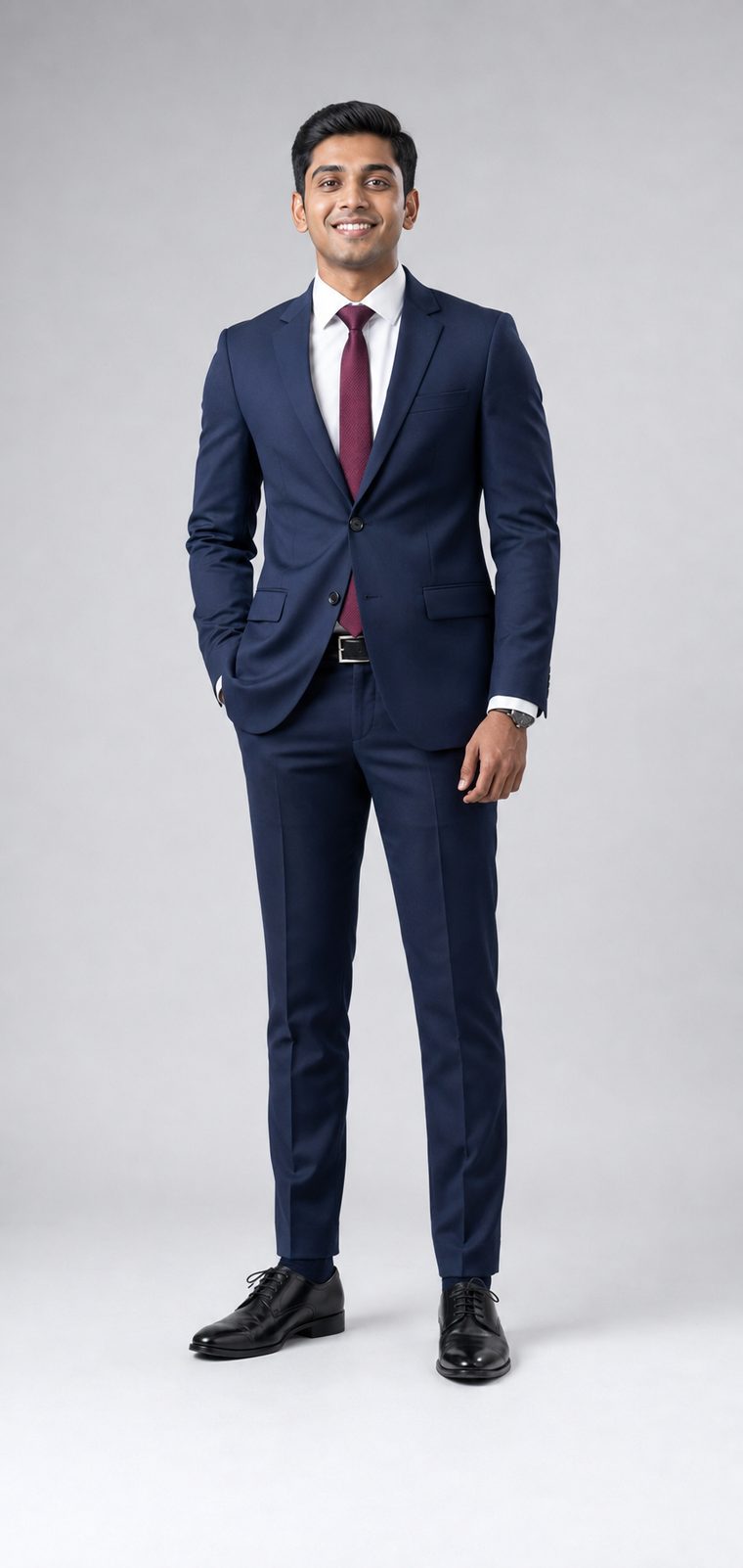 Man in a navy two-button suit, white shirt, burgundy tie and polished black laced shoes: Business Formal attire