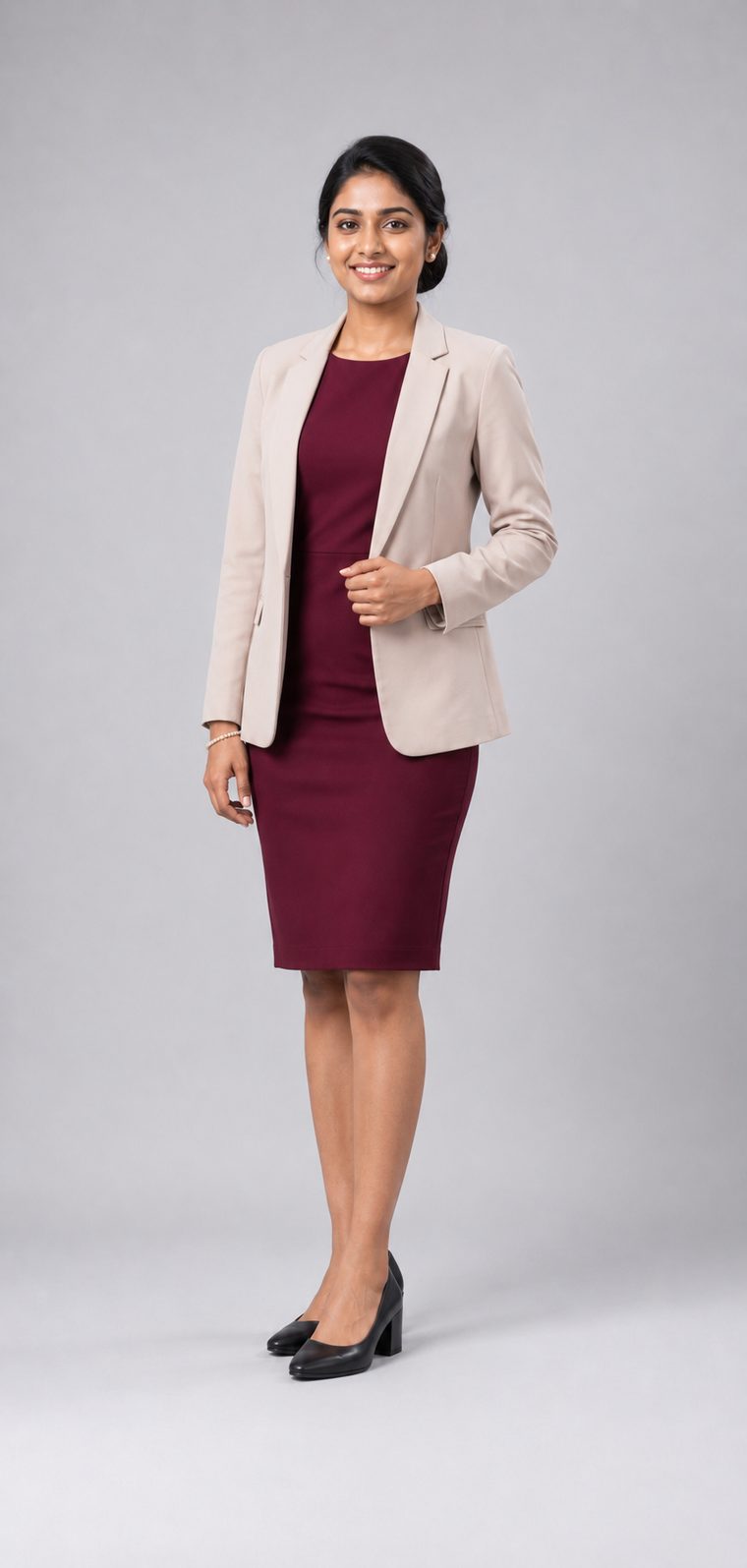 Woman in a burgundy sheath dress with a beige tailored blazer and black block-heel court shoes: Business Formal attire