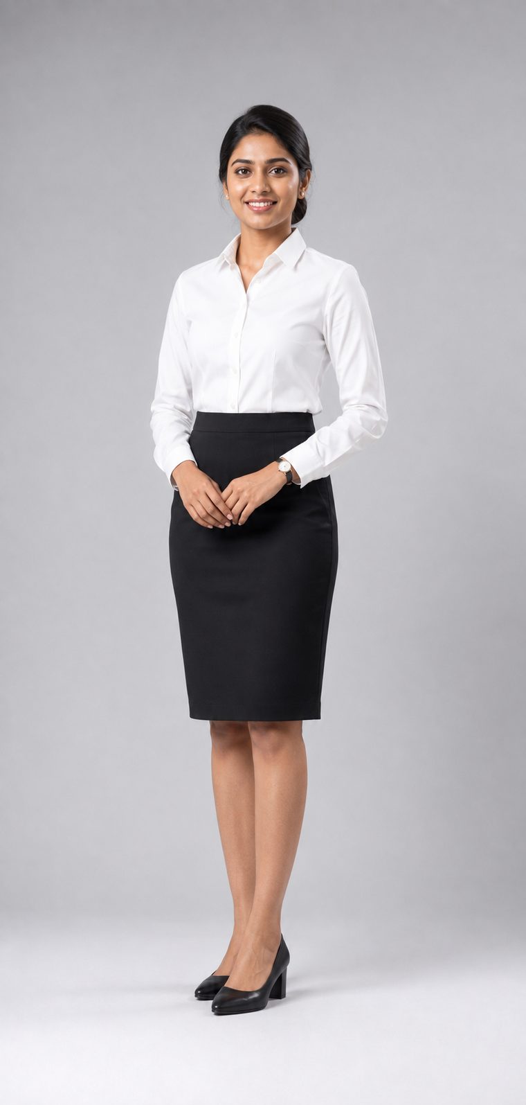 Woman in a crisp white shirt, black knee-length pencil skirt and black block-heel court shoes: Business level attire
