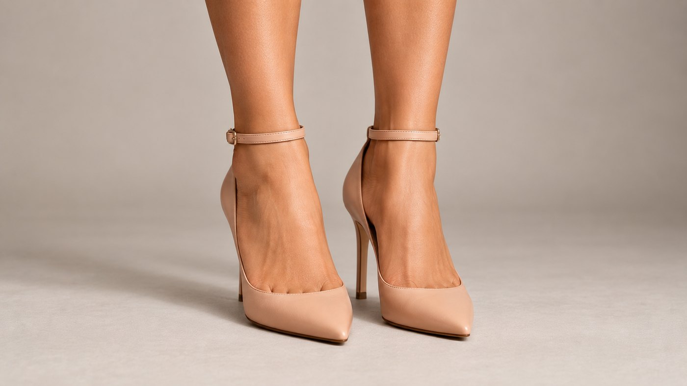 Nude pointed heels with a thin ankle strap, photographed to show the horizontal line the strap makes