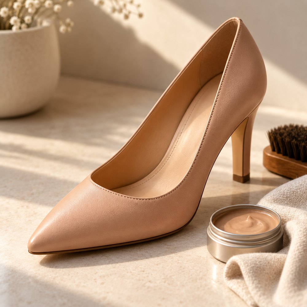 A well-kept nude leather court shoe beside a soft cloth and a tin of neutral shoe cream