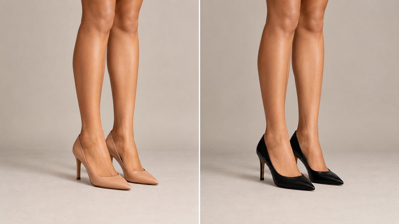 The same legs compared in skin-matched nude heels and in black heels, showing the break at the ankle