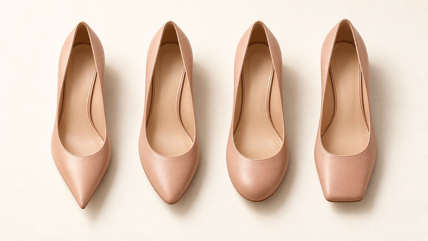 Four identical nude court shoes photographed from above showing pointed, almond, round and square toe shapes