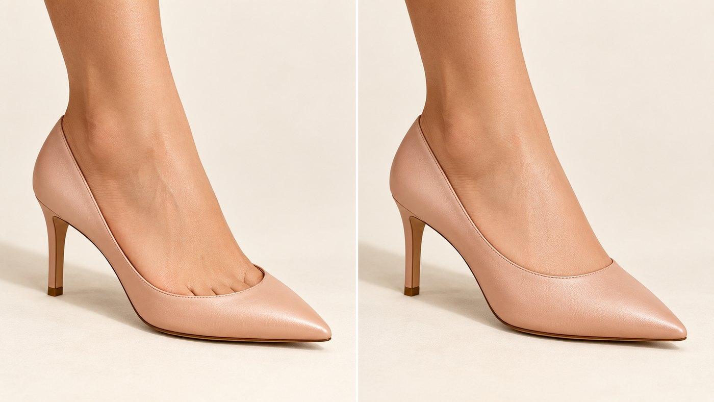 Two nude court shoes compared on the same leg, one cut low across the foot and one cut high across the instep