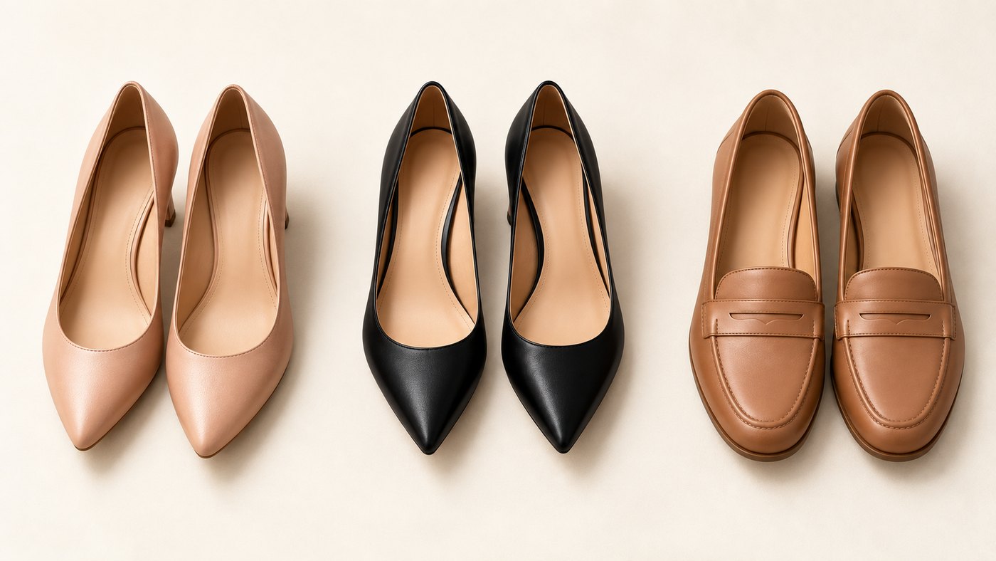 Flat lay of three pairs of professional women's shoes: nude almond court shoe, black pointed court shoe and a tan loafer
