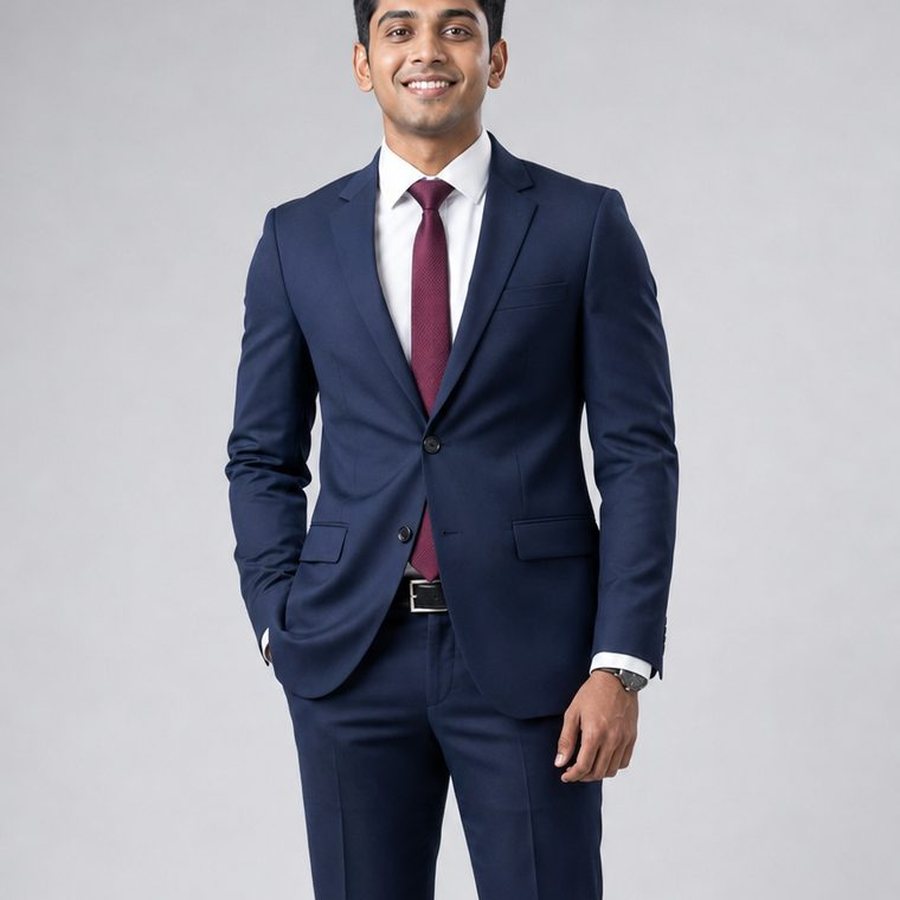Man in a navy suit and burgundy tie, dressed for a job interview