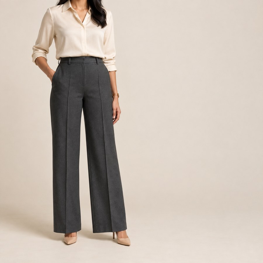 A woman in well-fitted wide-leg trousers, illustrating how trouser cut follows the leg line
