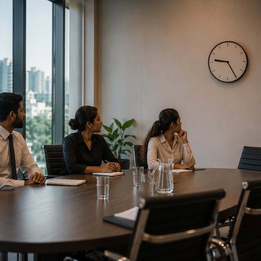 Colleagues waiting in a boardroom under a wall clock for a meeting that has already started