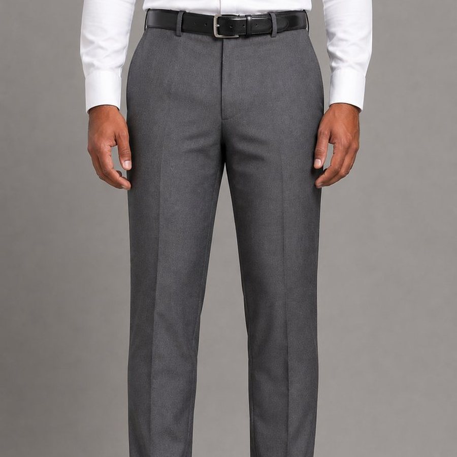 Mid-grey formal trousers in a tapered cut with polished black Oxford shoes