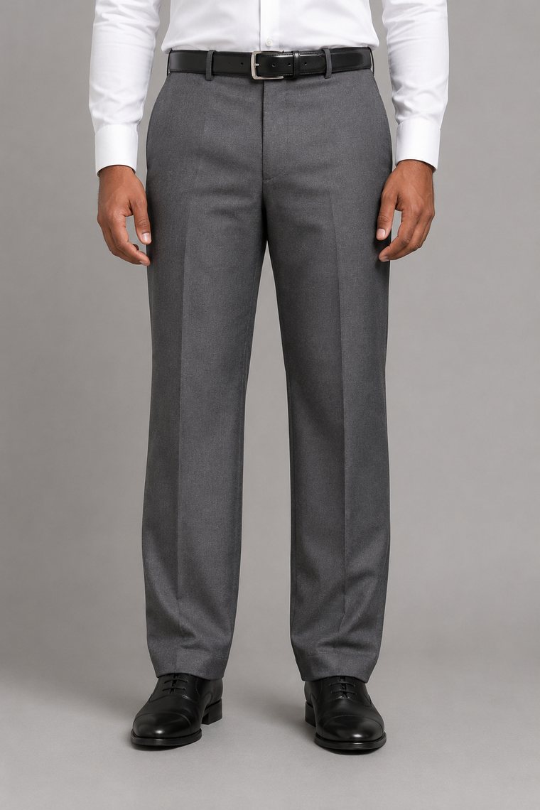 Mid-grey formal trousers in a classic regular cut, full through the seat and thigh and falling straight to the ankle with no narrowing