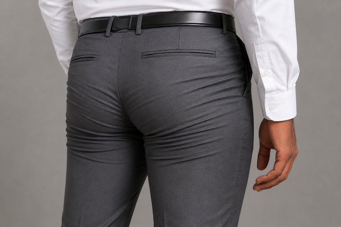 Charcoal grey trousers one size too small, showing horizontal pull lines and strain creases across the seat and back pockets