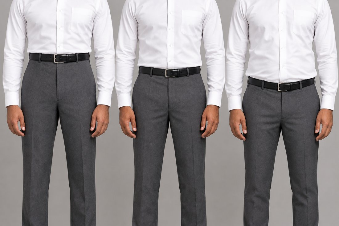 Three men side by side in white shirts and charcoal trousers, the waistband sitting high above the navel, at the navel, and low below the stomach
