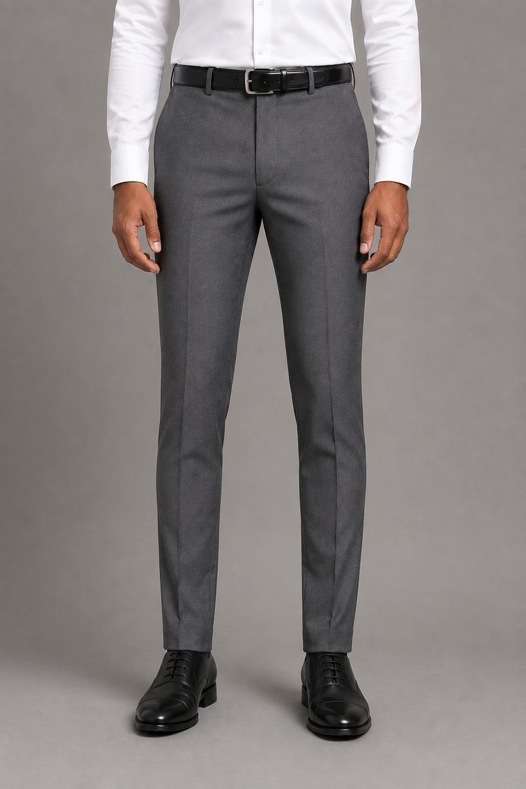 Mid-grey formal trousers in a slim cut, close to the body from waist through thigh and ankle with no pulling in the fabric