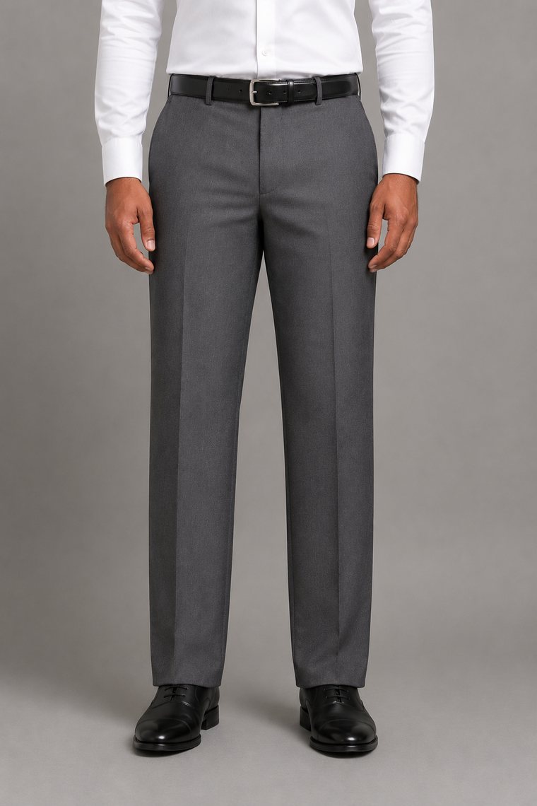 Mid-grey formal trousers in a straight cut, the same width from the knee down to the hem