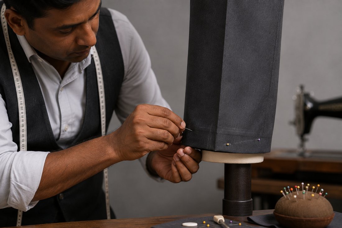 A Sri Lankan tailor pinning the hem of a charcoal grey trouser leg on a dress form, with chalk, pins and a sewing machine behind