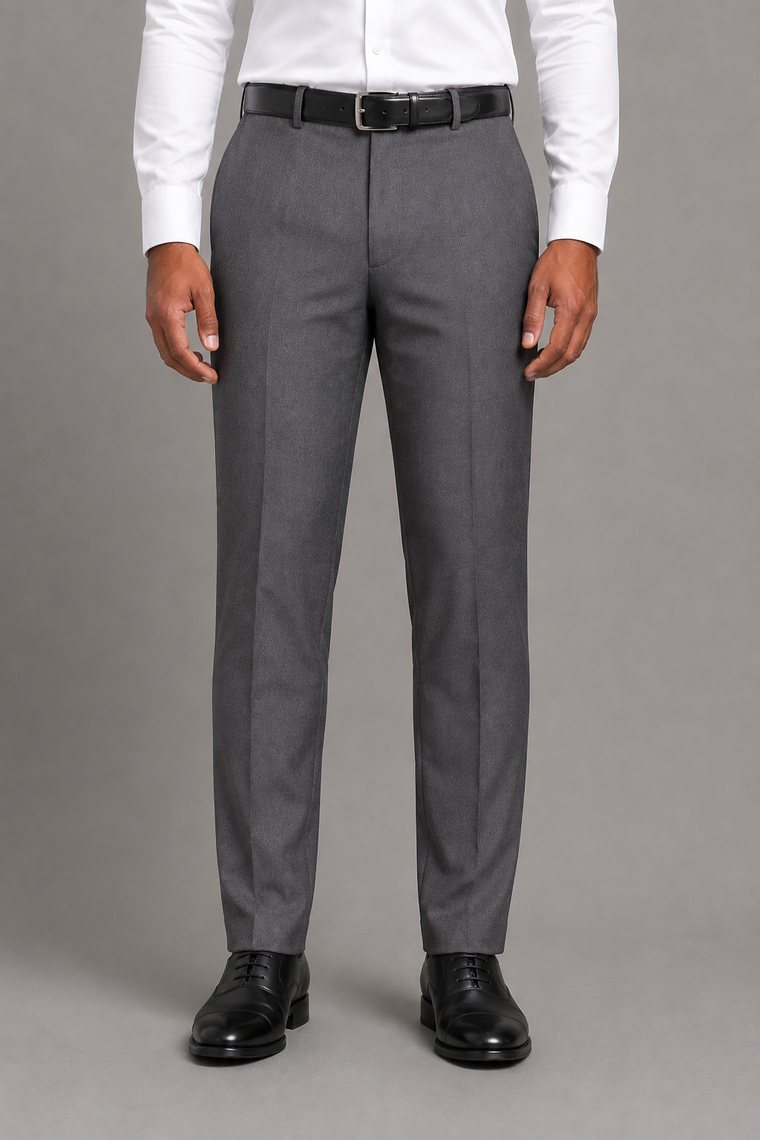 Mid-grey formal trousers in a tapered cut, roomy through the seat and thigh then narrowing from the knee to a slim ankle