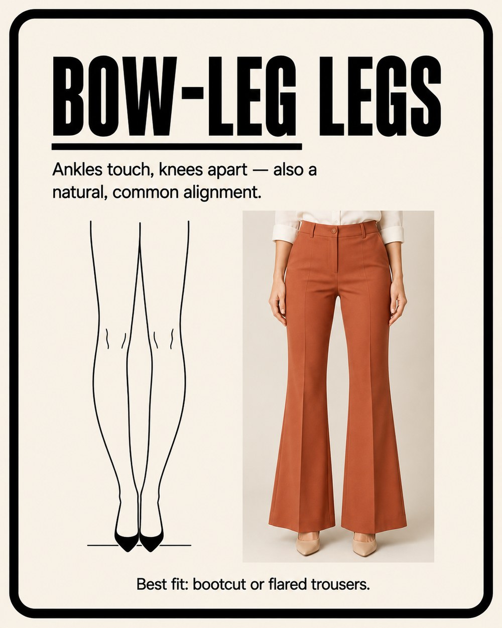 Bow-leg line illustrated beside a model in rust bootcut trousers