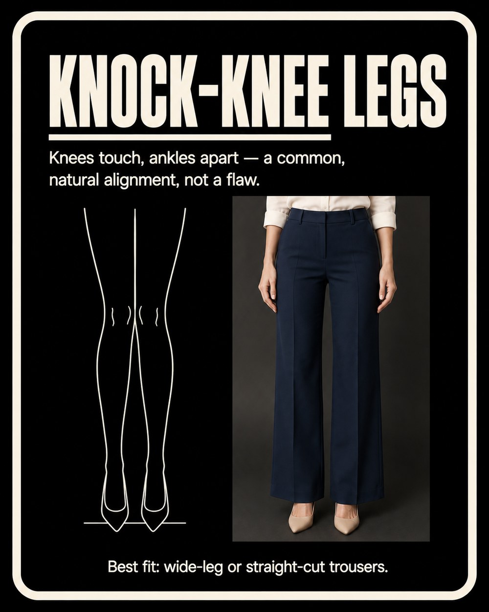 Knock-knee leg line illustrated beside a model in wide-leg navy trousers
