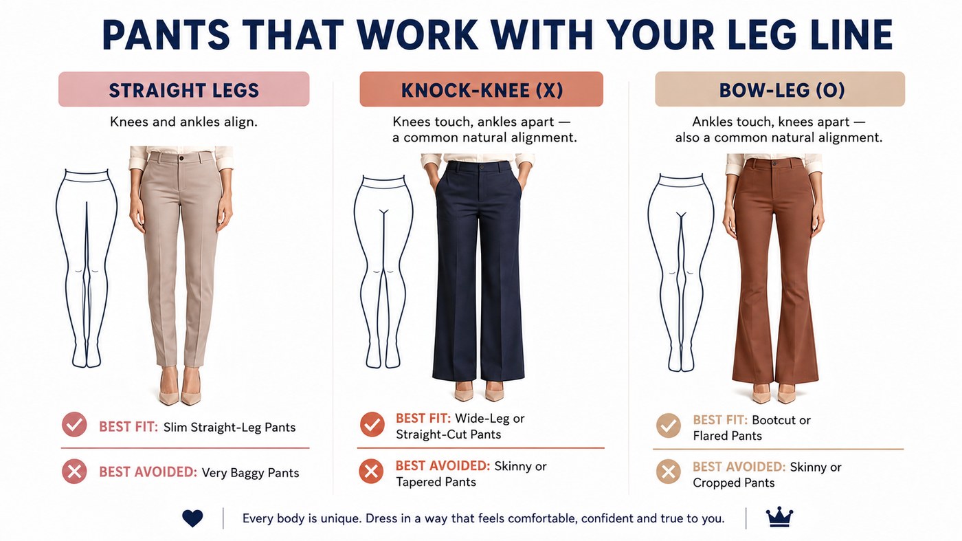 Three leg lines compared: straight legs in slim straight-leg trousers, knock-knee alignment in wide-leg navy trousers, bow-leg alignment in rust bootcut trousers