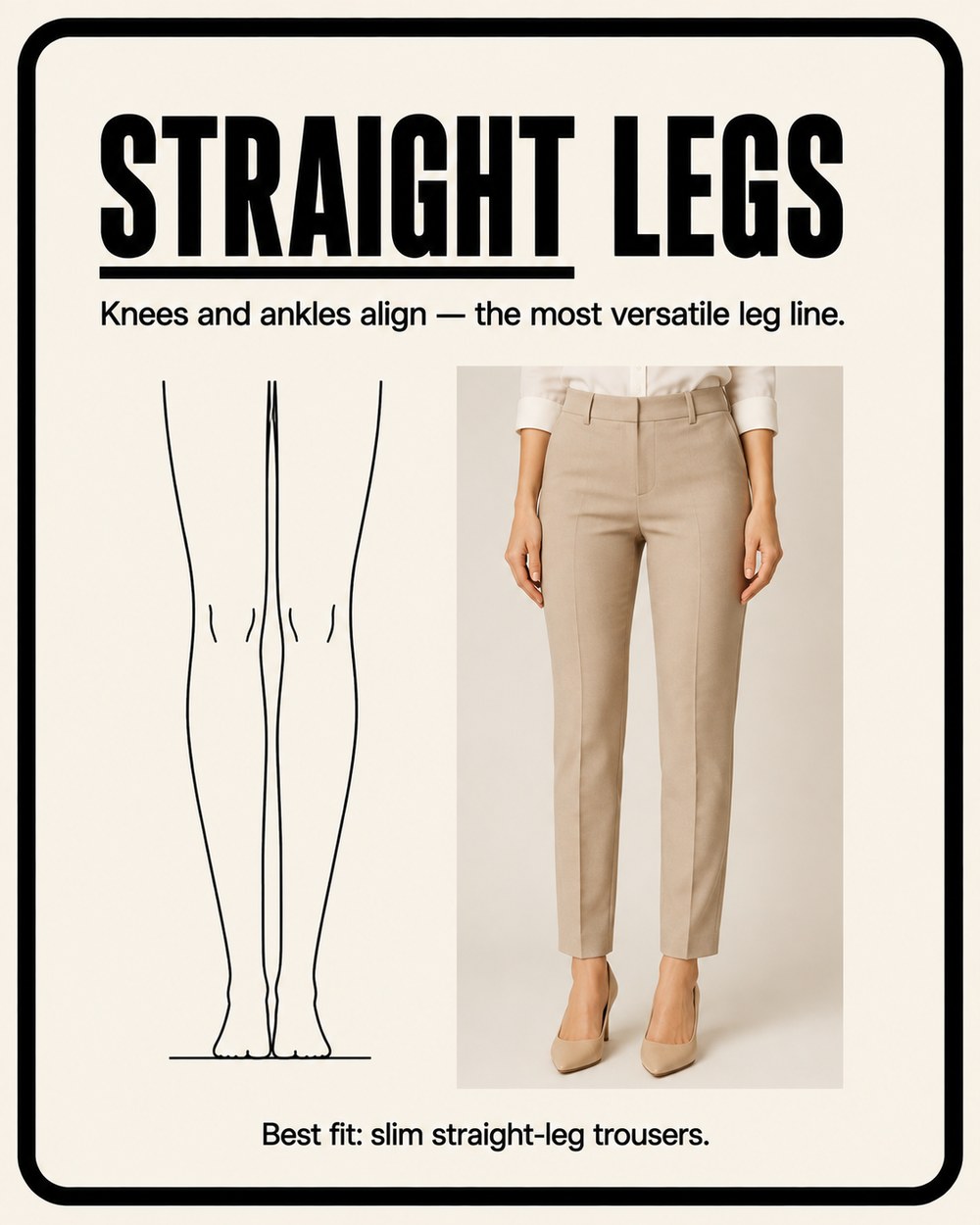 Straight leg line illustrated beside a model in slim straight-leg beige trousers